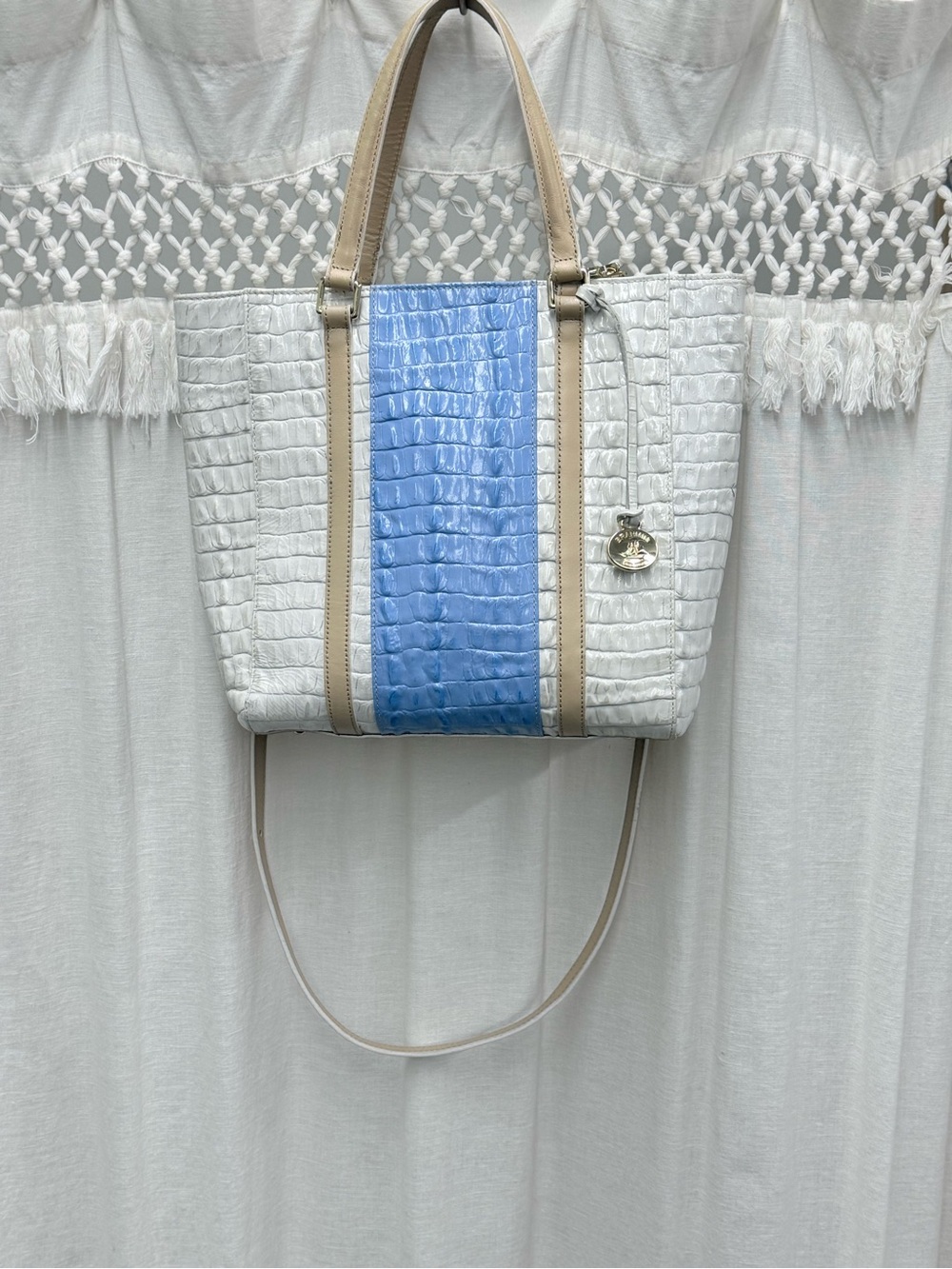 Brahmin White Blue Racing Stripe Croc Leather Small Carryall Tote Crossbody Bag